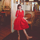 Two-color Lace Stitching V-neck Holiday Dress With Lace-up Waist And Thinness (Color:Red Size:M)