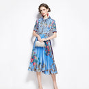 Early Autumn Bow Stitching Lace High Waist Pleated Retro Print Dress (Color:Short Sleeve Blue Size:S)