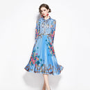 Early Autumn Bow Stitching Lace High Waist Pleated Retro Print Dress (Color:Long Sleeve Blue Size:XXL)