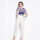 Early Autumn Striped Loose Slim Knit Sweater + White Nine-point Pendant Wide-leg Pants Two-piece Suit (Color:Blue Size:XL)