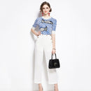 Early Autumn Marine Fish Ice Silk Sweater + White Nine-point Falling Wide-leg Pants (Color:White Size:S)