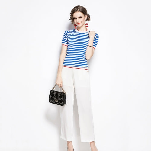 Early Autumn Hit Color Blue And White Striped Ice Silk Sweater + White Nine-point Fall Wide-leg Pants (Color:White Size:S)