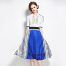 Autumn Fit All-match Sweater + Pleated Contrast Printing Skirt Two-piece Suit (Color:Blue Size:M)