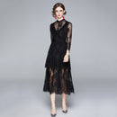 Fashion Waist Lace Long Dress With Stand Collar (Color:Black Size:XL)