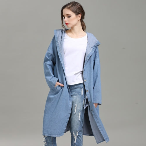 Loose Long Denim Jacket With Hood (Color:Light Blue Size:Free Size)