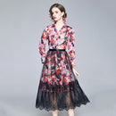 Fashion V-neck Lace Printed Splicing Long Sleeve Dress (Color:Decor Size:L)