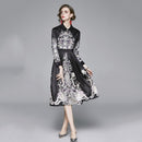 Fashion Lapel All-match Print Waist Dress (Color:Black Size:XXL)