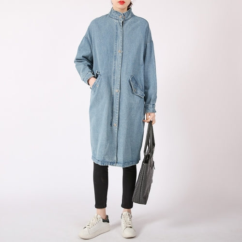 Women Waisted Hooded Denim Trench Coat (Blue)