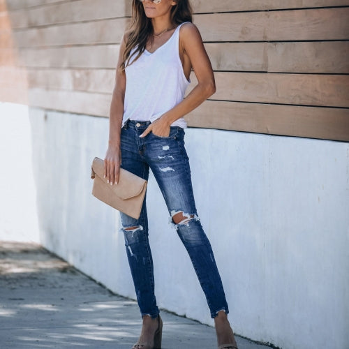 Women Fashion Slim Ripped Trousers Jeans (Color:Baby Blue Size:S)