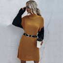 Casual Hit Color Mid-length Sweater Dress Slim Turtleneck Sweater (Color:Yellow Size:S)