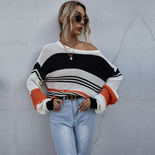 Three-color Stitching Striped Sweater Loose Casual Sweater (Color:Orange Size:M)