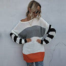 Striped Contrast Color Casual Mid-length Sweater Loose Sweater (Color:Gray-orange Size:L)