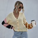Contrasting Casual Cardigan Sweater Loose V-neck Sweater (Color:Apricot Size:M)