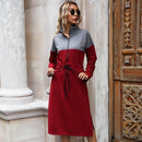 Contrasting Color Slim Dress Waist Belt Slit Mid-length Skirt (Color:Red Size:M)