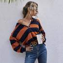 Contrast Striped Casual Sweater Slim-fit Lapel Sweater (Color:Orange Blue Size:L)
