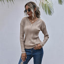 Pure Color Twisted Casual Sweater Slim V-neck Sweater (Color:Apricot Size:S)
