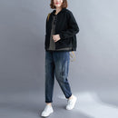 Loose Literary Long-sleeved Baseball Collar Short Jacket (Color:Black Size:XL)