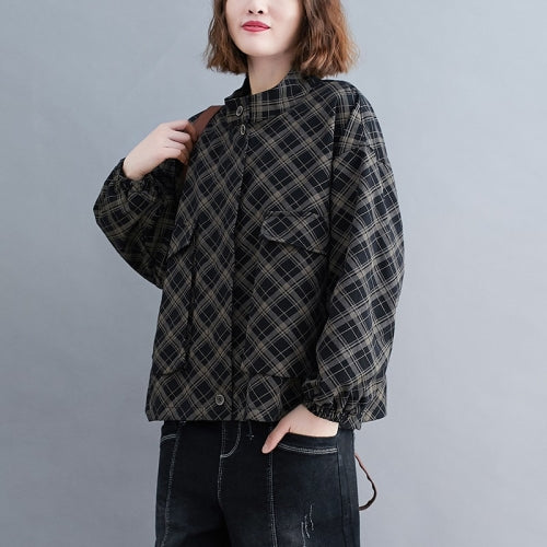 Women Loose Plus Size Slimming Plaid Short Coat (Black)