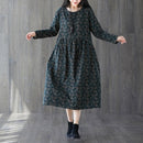 Retro Cotton And Linen Print Drawstring Waist Slimming Mid-length Dress Women (Color:Dark Green Size:M)