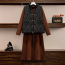 All-match Vest With Long-sleeved Knitted Base Skirt Suit (Color:Black Size:XL)