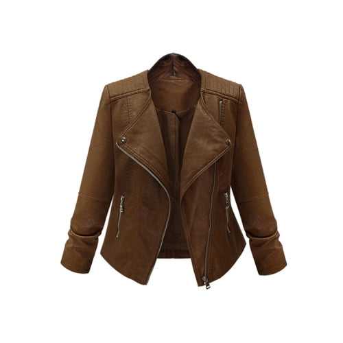 Autumn And Winter Women Motorcycle Jacket Coat Zipper Leather Jacket (Color:Brown Size:XL)