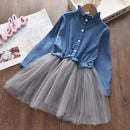 Girls Denim Jacket + Mesh Skirt Two Sets (Color:Dark Blue Size:100)