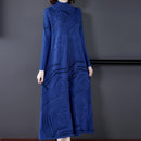 Women High-neck Long Sleeve Over-the-knee Knitted Long Dress (Color:Blue Size:L)