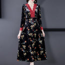 Retro Flower Silk Velvet Lace Stitching Mid-length Dress (Color:As Show Size:M)
