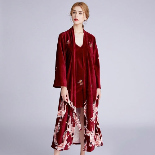 Crane Hanging Skirt Velvet Nightgown, Style: Two-piece (Color:Wine Red Size:M)