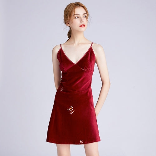 Ladies Velvet Pajamas, Style: Suspenders (Color:Wine Red Size:M)