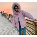 Ladies Loose Hooded Big Fur Collar Down Jacket (Color:Pink Size:XL)