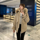 Ladies Loose Hooded Big Fur Collar Down Jacket (Color:Khaki Size:L)
