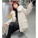 Women Loose Big Fur Collar Short Down Jacket (Color:Off White Size:XL)