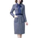 Lattice Lacing Long Sleeve OL Wrapped Hip Skirt Dress (Color:Dark Blue Size:M)