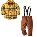 Boys Plaid Long-sleeved Shirt + Suspender Trousers Suit (Color:Brown Size:140)