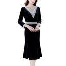 V-neck Embroidered Gold Velvet Slim Wrapped Hip Fishtail Skirt Dress (Color:Black Size:S)