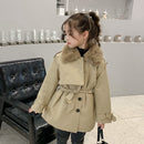 Winter Girls Faux Fur Lining Waisted Coat (Color:Khaki Size:100cm)