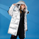 Winter Ladies Mid-length Down Jacket Loose Casual Cold-proof Warm White Duck Down Coat with Removable Cap (Color:Silver Size:XL)