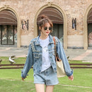 Loose Beading Ripped Hole Short Denim Jacket (Color:As Show Size:S)