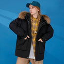Winter Ladies Short Letter Printed Raccoon Fur Collar Hooded Down Jacket Loose Casual Cold-proof Warm White Duck Down Coat (Color:Black Size:M)