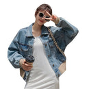 Fashion Loose Printing Splicing Denim Jacket Coat (Color:Light Blue Size:S)
