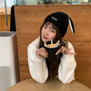 Labeled Letter Ear Japanese All-match Knitted Hat (Color:Black Size:Adjustable)