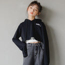 Girls Long-sleeved Hooded Loose Short Sweater (Color:Black Size:165)