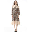 Retro Leopard Print Splicing Long Dress (Color:As Show Size:S)
