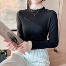 Ladies Fungus Lace Stitching Half-high Neck Sanded Base Shirt (Color:Black Size:XXL)