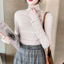 Ladies High-neck Brushed Mesh Lace Bottoming Shirt (Color:Khaki Size:S)
