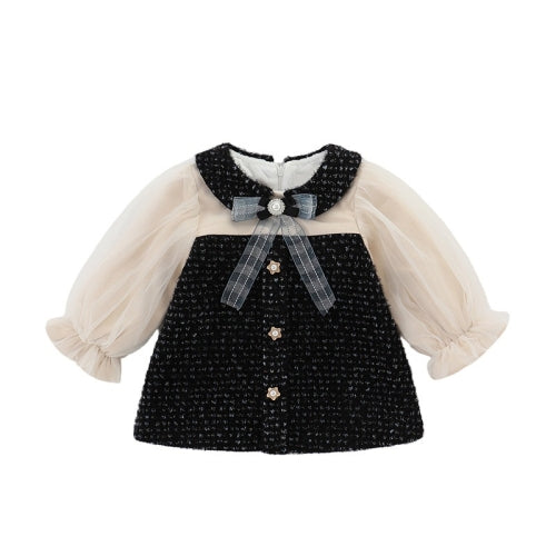 Winter Baby Girl Celebrity Style Plus Velvet Mesh Sleeve A-line Skirt Princess Dress (Color:Black Size:80cm)