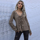 Women Loose V-neck Leopard Print Ruffle Chiffon Bottoming Shirt (Color:Khaki Size:XL)