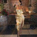 Sexy Low-cut Open Sling Dress Irregular Print Pleated Skirt (Color:As Show Size:S)