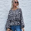 Women Leopard Print Long Sleeve Shirt (Color:Grey Size:S)